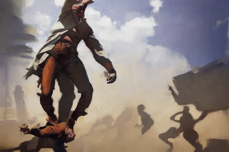 Prompt: greg manchess painting of a man in an arena tripping and falling, profile picture, organic painting, sunny day, matte painting, bold shapes, hard edges, street art, trending on artstation, by huang guangjian, gil elvgren, ruan jia, randy vargas, greg rutkowski