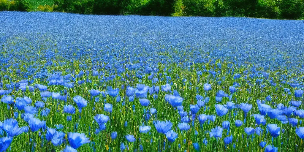 Prompt: field of light blue flowers on a summers day, matte painting