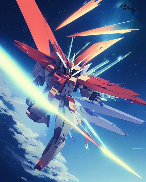 Image similar to highly detailed vfx portrait of a gundam wing with wings of feathers beam saber fighting in space with a beam gun, unreal engine, greg rutkowski, loish, rhads, beeple, makoto shinkai and lois van baarle, ilya kuvshinov, rossdraws, tom bagshaw, alphonse mucha, global illumination, detailed and intricate environment