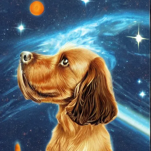 Image similar to a celestial field spaniel in space, visionary, masterpiece