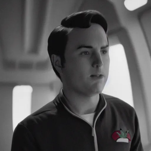 Prompt: Wesley Crusher from the USS Enterprise eating a strawberry icecream in the holodeck, set photo, candid, film grain