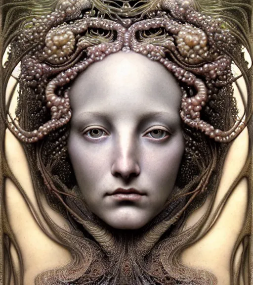Prompt: detailed realistic beautiful pearlescent goddess face portrait by jean delville, gustave dore, iris van herpen and marco mazzoni, art forms of nature by ernst haeckel, art nouveau, symbolist, visionary, gothic, neo - gothic, pre - raphaelite, fractal lace, intricate alien botanicals, biodiversity, surreality, hyperdetailed ultrasharp octane render