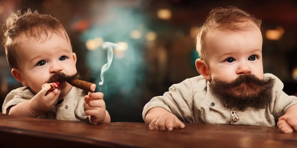 Prompt: a phtorealistic of an baby with a beard and mustache smoking a big cigar in a bar