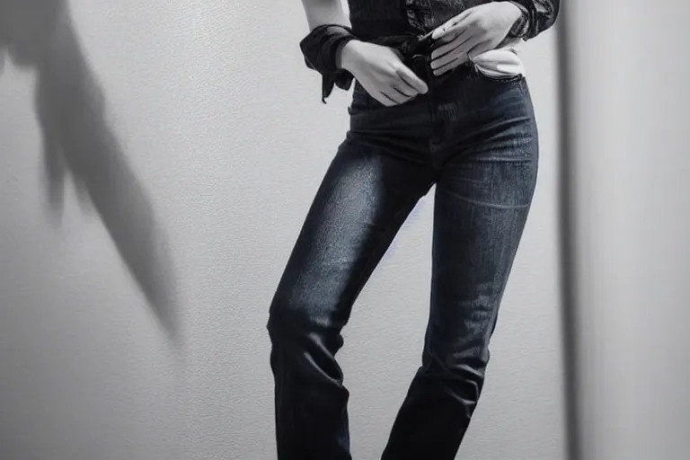 Image similar to still photo of a very beautiful woman wearing jeans and top, black and white color aesthetic, highly detailed, photorealistic portrait, bright studio setting, studio lighting, crisp quality and light reflections, unreal engine 5 quality render