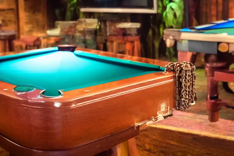 Image similar to clear pipeline transporting chunky liquid across a pool table in a tiki bar 55mm scene from a tv show 55mm