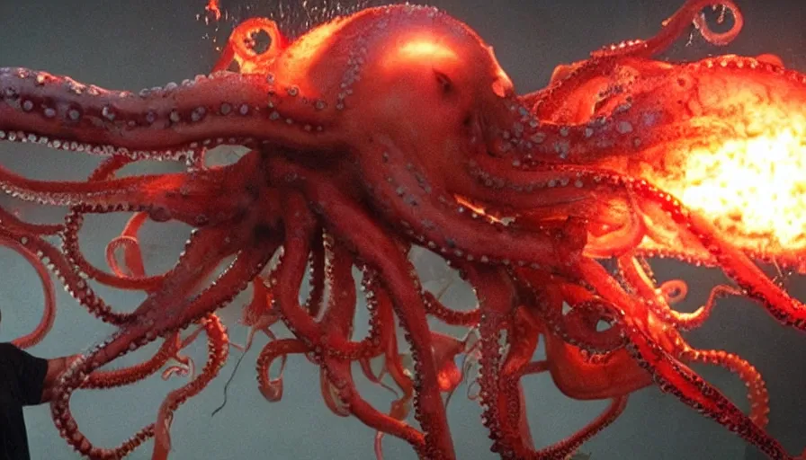 Prompt: big budget horror movie scene where an octopus explodes out of a man\'s head