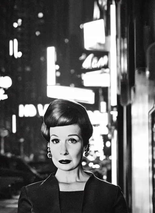 Prompt: a hyper realistic and detailed head portrait photography of a joan holloway of mad men on madison avenue, new york city. by annie leibovitz. noir style. cinematic. neon lights glow in the background. ilford hp 5 4 0 0, canon eos c 3 0 0, ƒ 1. 8, 3 5 mm, 8 k, medium - format print