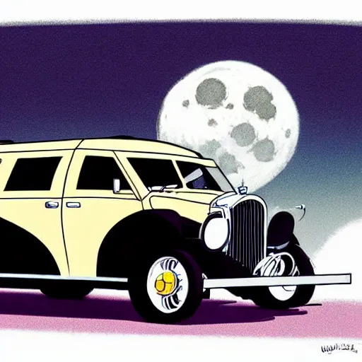 Image similar to a study of cell shaded cartoon limousine from howl's moving castle ( 2 0 0 4 ) on the streets of nyc, in front of a big moon, full body, wide shot, very muted colors, post grunge, studio ghibli, laurie greasley, highly detailed, deviantart, art by artgem