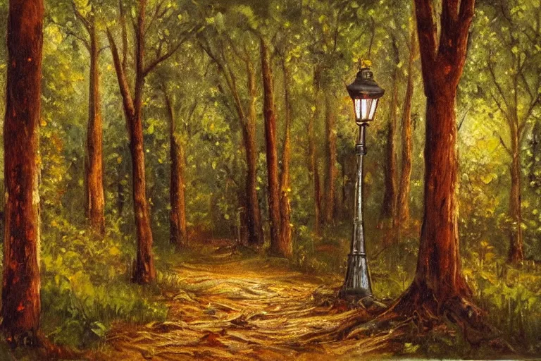 Image similar to vintage iron lamp post in the forest in the spring. Cinematic, dark, hiking trail. Intricately detailed oil painting