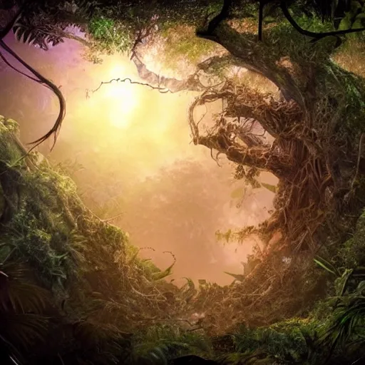 Prompt: horrific portal to the stars, embedded in a terrifying tree in a densely overgrown jungle, fantasy, dreamlike sunraise, ultra realistic, atmospheric, stopped in time, epic