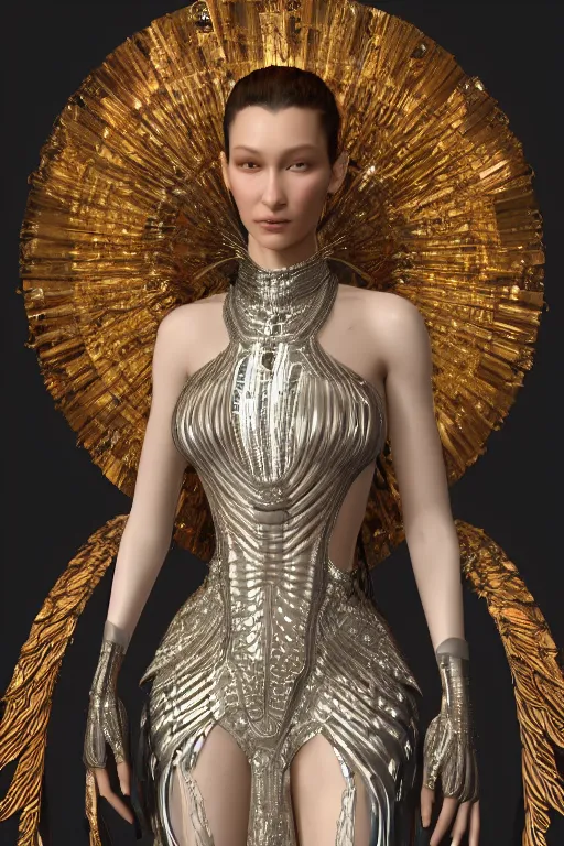 Image similar to a highly detailed 4 k render of a beautiful angel alien goddess bella hadid in iris van herpen dress armor schiaparelli in diamonds and jewelry in style of alphonse mucha trending on artstation made in unreal engine 4