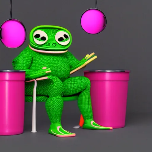 Image similar to isometric minimalistic precisionist backroom with pepe the frog and trashcans, cinema 4 d, 1 0 0 0 0 mm, green and pink color scheme depth of field, octane render, studio lighting