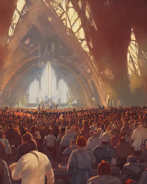 Image similar to craig mullins and ghibli digital illustration of a crowd in a futuristic church, priest, pews, ethereal, inviting, bright, raking light, unreal engine, hyper realism, realistic shading, cinematic composition, realistic render, octane render, detailed textures, photorealistic, wide shot