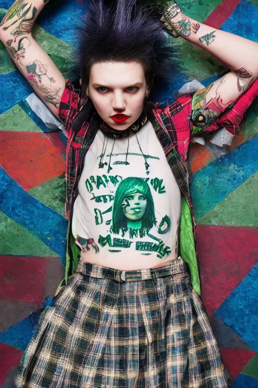 Image similar to upper body portrait hannah murray as a punk woman with green mohawk, covered in neotraditional style tattoos, wearing a bold tee shirt, flannel jacket, fishnets and a long tartan skirt, intimidating, max details, hyperrealistic, photorealistic, ultra - realistic, ultra - detailed, cinematic, 8 k resolution by alan lee