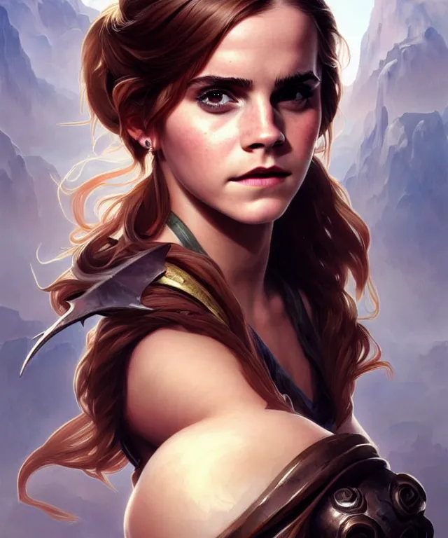 Image similar to Emma Watson as pudge from dota 2, sci-fi, amber eyes, face, long hair, fantasy, intricate, elegant, highly detailed, digital painting, artstation, concept art, smooth, sharp focus, illustration, art by artgerm and greg rutkowski and alphonse mucha