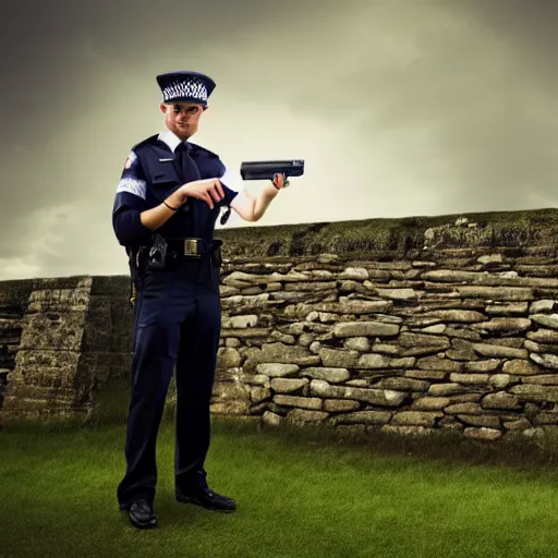 Image similar to Photograph of a man dressed as a London police inspector with a stern look. He is pointing his handgun towards a frightened young man with long hair against a stone wall. 4K, dramatic lighting