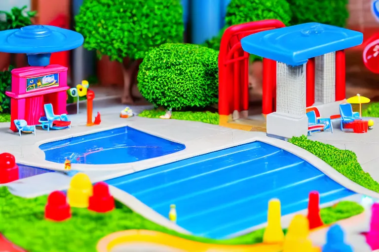 Prompt: fisher price public pool, california, in 2 0 1 5, 8 k, scene from tv show hyper detailed 5 5 mm 8 5 mm, toy photography, made out of plastic