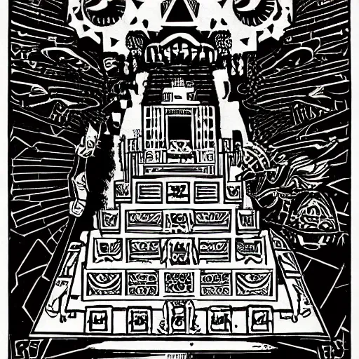 Image similar to precisely drawn illustration of a Mayan ziggurat decorated with skulls, old-fashioned tarot card, victorian playing card, sepia tone, wide angle, sharp, fine details, anime, manga, French comic style, cyberpunk, intense line art, 8k, precise linework, realistic, shaded lighting by katsuhiro otomo ghost-in-the-shell, magali villeneuve, artgerm, rutkowski Jeremy Lipkin and Giuseppe Dangelico Pino and Michael Garmash and Rob Rey and Moebius