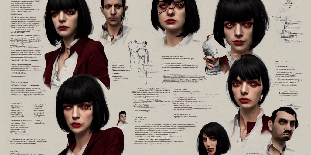 Image similar to mia wallace, character sheet, concept design, contrast, hot toys, kim jung gi, greg rutkowski, zabrocki, karlkka, jayison devadas, trending on artstation, 8 k, ultra wide angle, pincushion lens effect