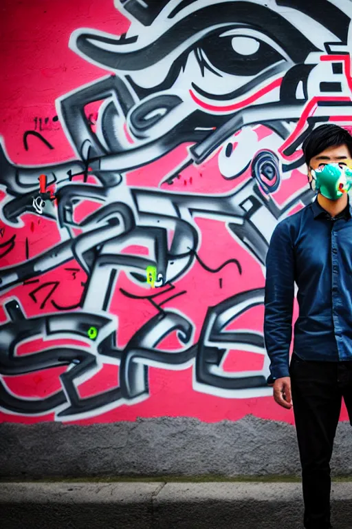 Image similar to asian guy with oni mask stand in front of wall with full of graffiti tag and mural, photorealistic, smooth, 4 k, aesthetic lighting, baroque object, facial features, hyperdetailed, professional photography, pullitzer winning, photo by : canon eos 5 d mark iv, by karah mew and adnan abidi and jodie bateman