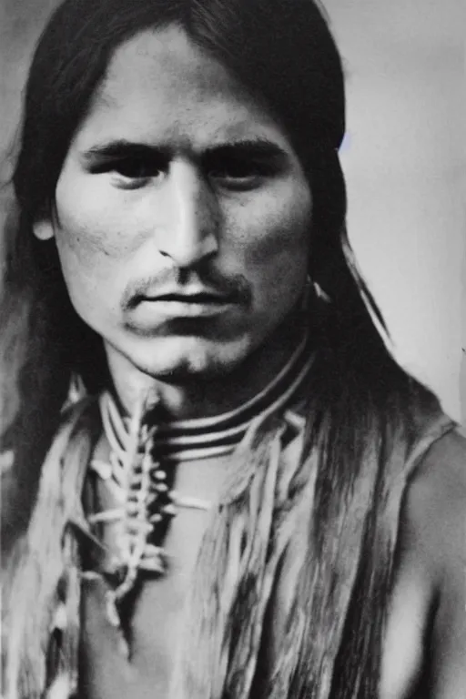 Prompt: Photo of Native American indian man Steve Jobs, portrait, skilled warrior of the Apache, ancient, realistic, detailed, Emma Watson