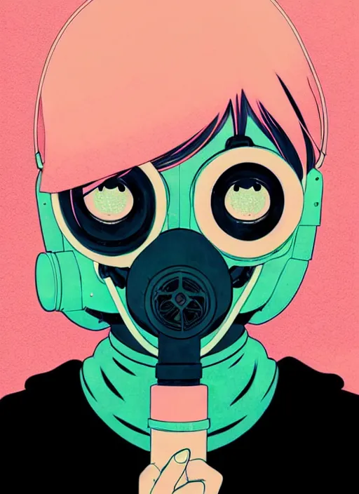 Image similar to singular girl with wearing gas mask, very anime!!! anime!! intricate details, aesthetically pleasing pastel colors, poster background, art by conrad roset and ilya kuvshinov