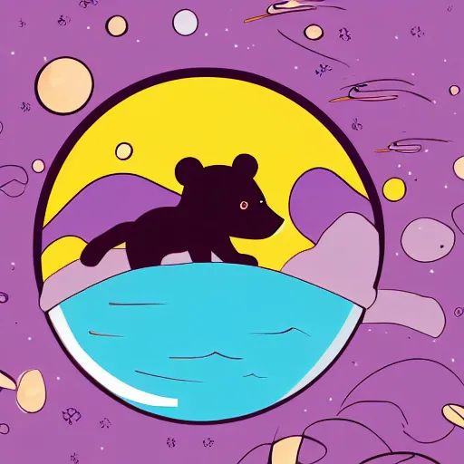 Image similar to cartoon animated illustration of a bear mascot being launched from a futuristic marble planet, purple and orange cloudland