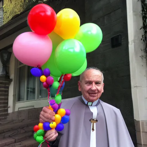 Prompt: a priest holding many balloons