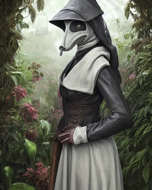 Image similar to portrait of a female plague doctor in a botanical greenhouse, heavy rain outside, wind, thunder, reflections, deep focus, d & d, fantasy, intricate, elegant, highly detailed, digital painting, artstation, concept art, matte, sharp focus, illustration, hearthstone, art by artgerm and greg rutkowski and alphonse mucha