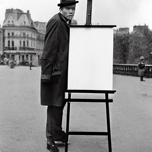 Prompt: ewan mcgregor is dressed as a gentleman at early 2 0 th century paris. he is standing next to an easel. that easel has a canvas on it.