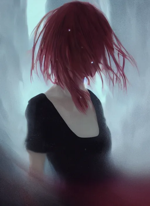 Image similar to a realistic detail portrait of a pretty girl dress black clock has red hair in the cave, abandoned, shining star, traveller, raining, mist by Wolp, Sparth, Paul-chadeisson, Dylan Cole, Jin Kim, black scheme, 8k, Unreal Engine