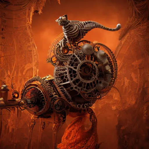 Image similar to mythical orange organic biomechanical cat riding. highly detailed, intricate steampunk ornate, poetic, 3 d render, digital art, octane render, 8 k artistic photography, photorealistic.
