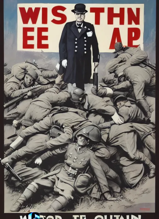 Prompt: winston churchill captain england standing on a pile of defeated, beaten and broken german soldiers. captain england wins wwii. brittish wwii propaganda poster by james gurney and pixar. overwatch.