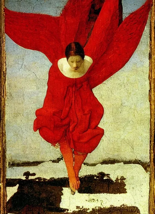 Image similar to Flying Fallen Angel with wings dressed in red, Medieval painting by Jan van Eyck, Johannes Vermeer, Florence