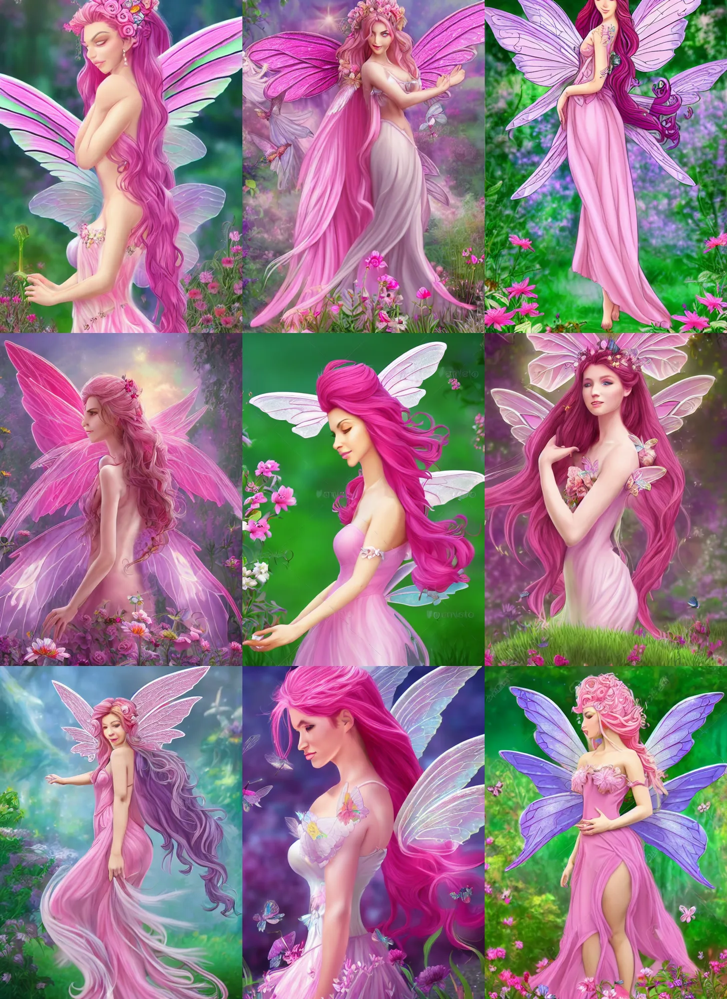 Prompt: side full body profile d & d style of a pink beautiful fairy with large wings and flowing hair and beautiful face wearing clothing is exploring her flower garden, extremely detailed, 4 k