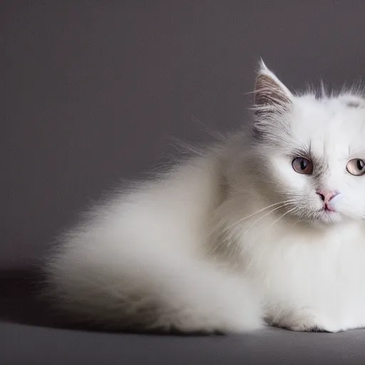 Prompt: white and gray cat with mostly white fur, very fluffy, very very fluffy, cute, adorable