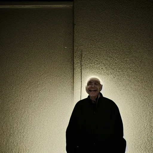 Image similar to an smiling old man standing in the dark with dramatic lighting