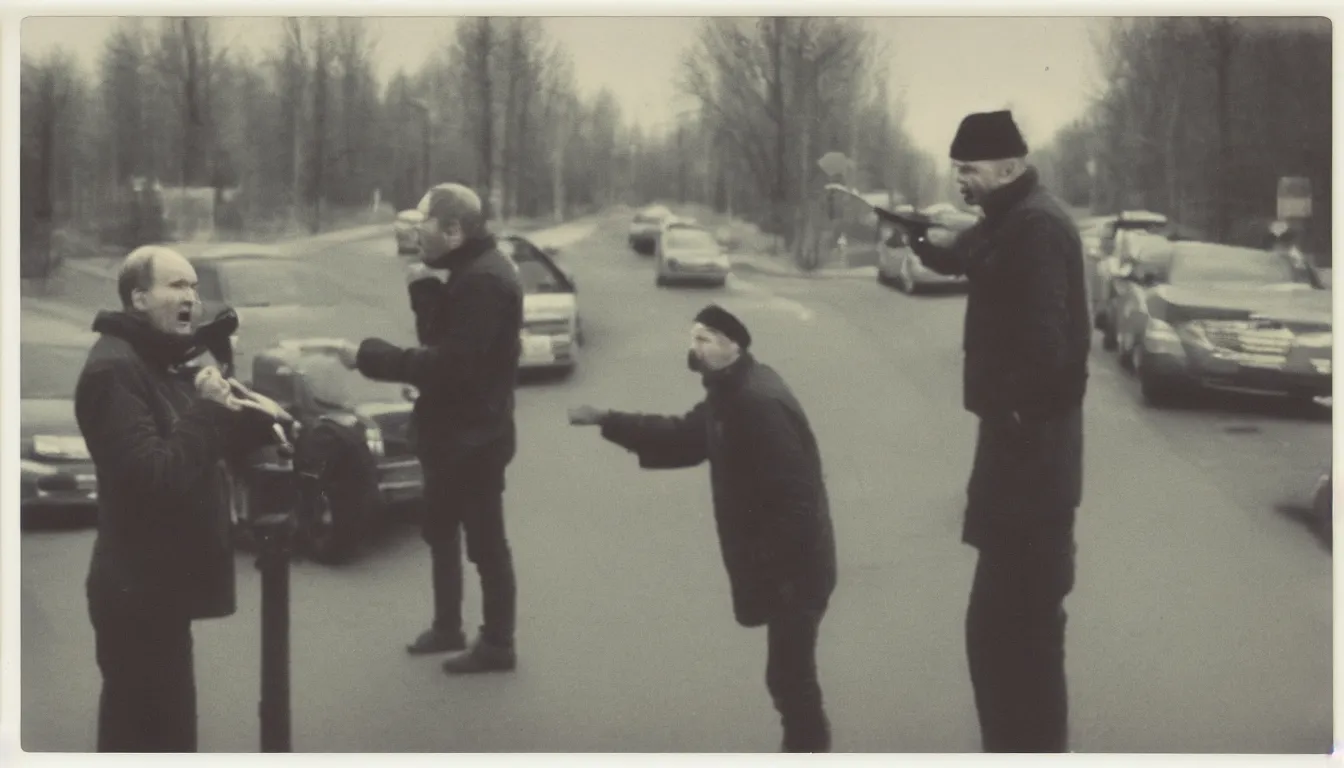 Image similar to polaroid picture of russian man yelling at stop sign, very detailed, 8 k