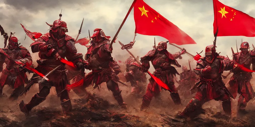 Prompt: mid shot cinematic artwork of a small group of rag tag warriors surrounded by an ancient Chinese army wearing red armor and holding red flags on the battlefield by greg rutowski, masterpiece, 4k