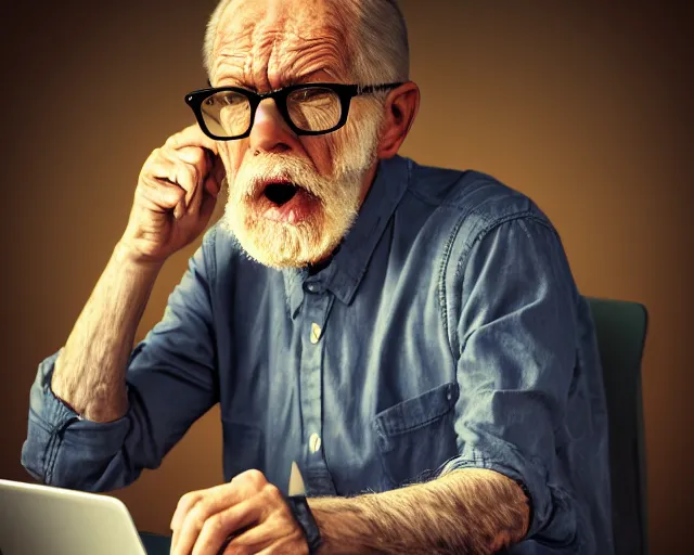 Prompt: old man hipster angry at computer, cinematic, 4k, hyper realistic, super detailed, colorful accents, golden ratio, highly detailed professional photo, centered, rim lights, vray caustics