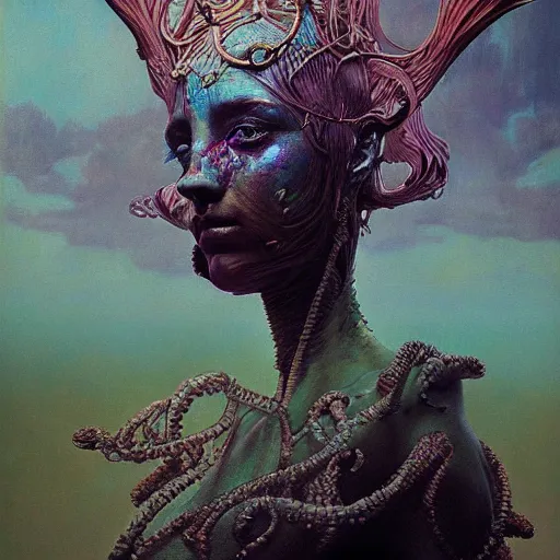 Image similar to queen of jupiter by zdzisław beksinski, iris van herpen, raymond swanland, craig mullins and alphonse mucha. highly detailed, hyper - real, beautiful, inspired by the movie avatar