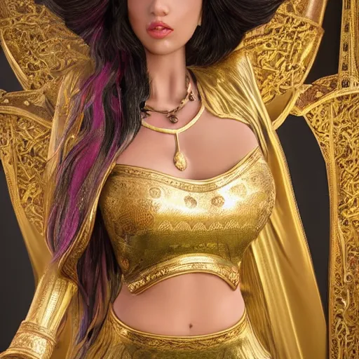 Prompt: aesthetic!!!!!! Female genie in Arabic clothing, olive skin, long black hair, gold tint, frontal pose, standing in front of a shallow reflecting pool, pores, look at all that detail!!!!!!, cinematic lighting, silk, fabric, full-length view, cinematic, hyper realism, 8k, depth of field, vibrant.