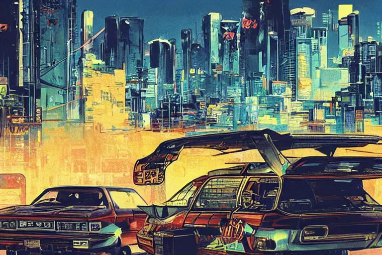 Image similar to a van has crashed and rolled over. tokyo can be seen in the far off distance. art in the style of vincent di fate's cyberpunk 2 0 2 0.