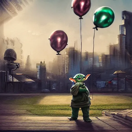 Image similar to masterful digital art, eye - level view, medium - shot, baby yoda is at the busy school playground in a cyberpunk city. baby yoda smiles and plays on a swing set. golden hour. realism, detailed, depth, chiaroscuro, limited color palette. in the background some balloons float in the sky. mandalorian ( tv ).