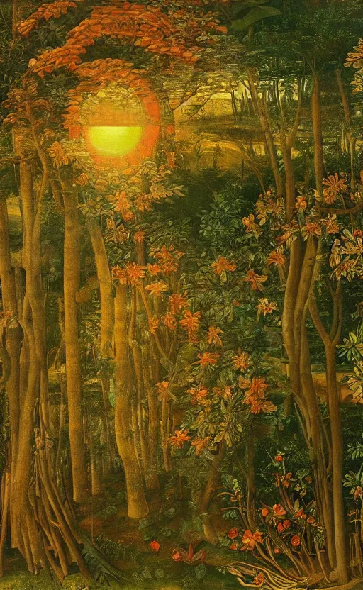 Image similar to mural depicting a beautiful sunrise over a lush forest during fall, in the style of sandro botticelli, caravaggio, albrecth durer