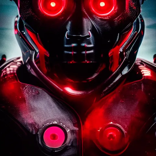 Image similar to cinematic portrait of joe biden with glowing red eyes wearing futuristic armor, black background, dramatic,