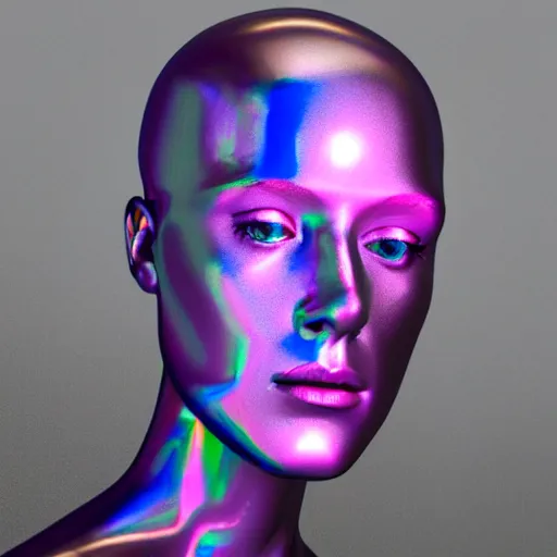 Image similar to 3d render of holographic human robotic head made of glossy iridescent, surrealistic 3d illustration of a human face non-binary, non binary model, 3d model human, cryengine, made of holographic texture, holographic material, holographic rainbow, concept of cyborg and artificial intelligence