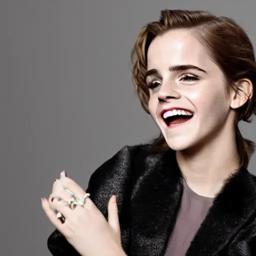 Image similar to A photo of laugh emma watson showing wedding ring on his finger. 50 mm. perfect ring. award winning photography