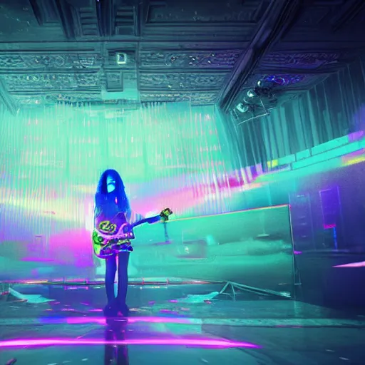 Image similar to cinematic render of Grimes in a large room with holographic letters and numbers