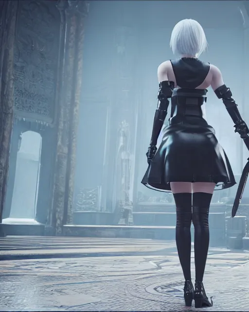 Image similar to unreal engine screenshot of 2B from Nier Automata and with slender body type and prominent ceramic hex tile armor plates wearing wearing short clothes, unreal engine, product showcase, octane render 8k